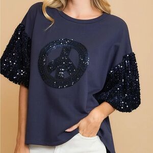 NWT UMGEE Bohemian Navy Sequin Peace Patch Top S M L